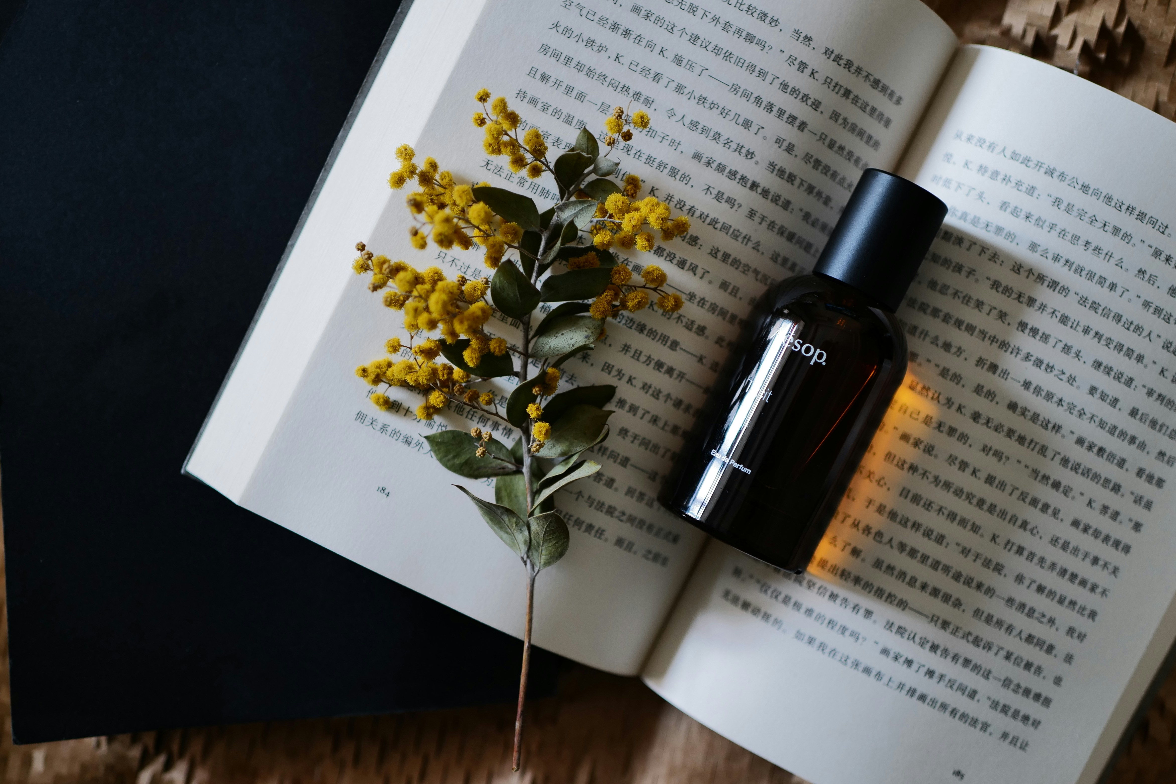 A bottle of essential oils sitting on top of an open book
